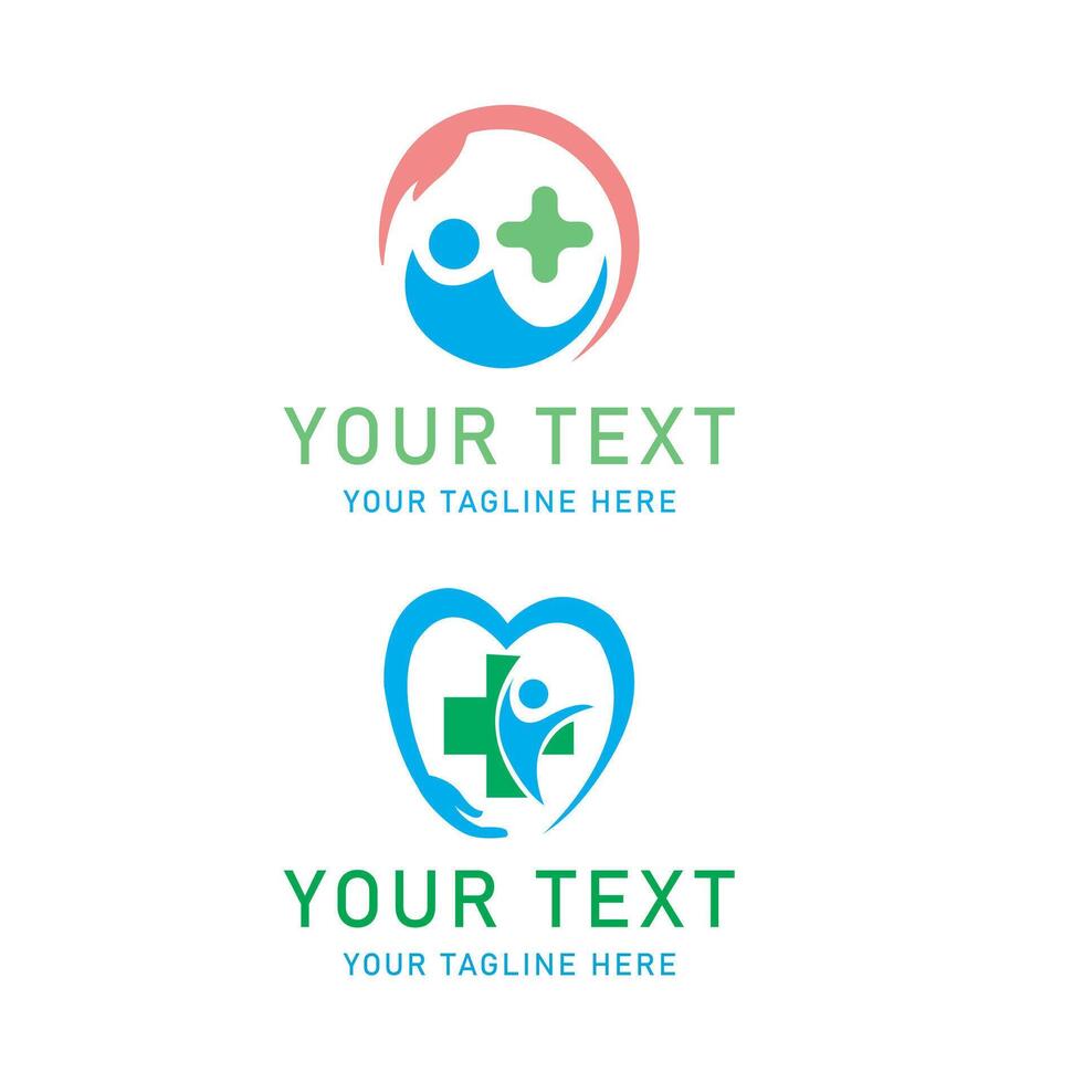 Medical Care People Logo Art, Blue and Green Human with Cross and Heart Design, Two Variations Isolated on White vector