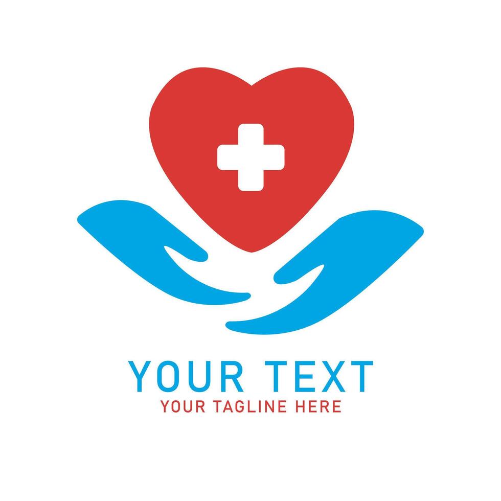 Medical Heart Care Logo Art, Red Heart with Plus and Blue Hand Design, Isolated on White vector