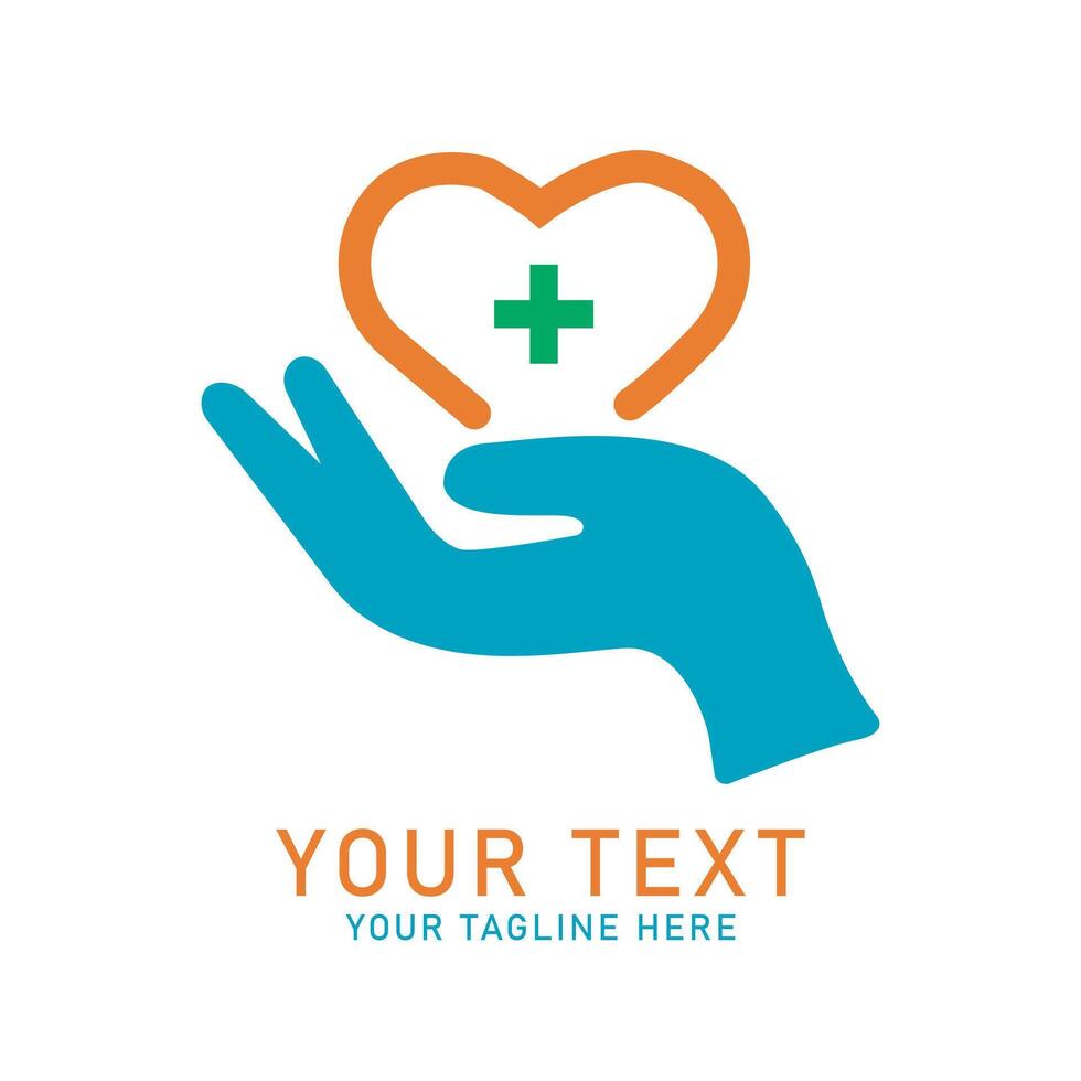 Medical Hand Heart Logo Art, Blue Hand with Orange Heart and Green Plus Design, Isolated on White vector