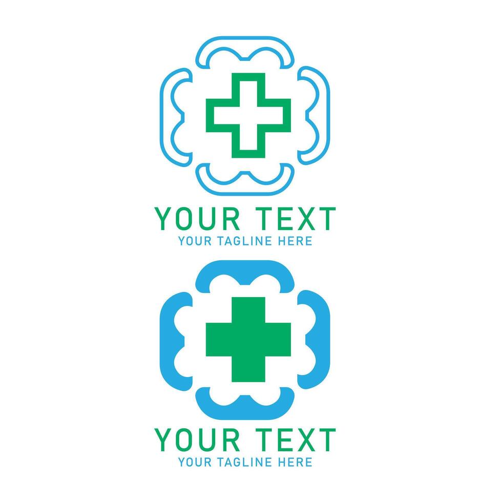 Medical Abstract Plus Logo Art Set, Blue and Green Rounded Cross Design, Two Variations Isolated on White vector