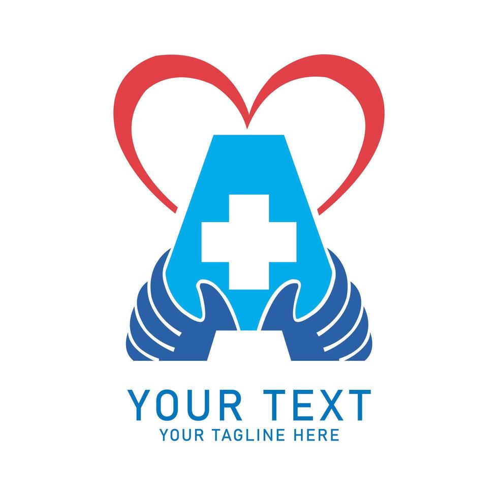 Medical Letter A Heart Logo Art, Blue A with Plus, Red Heart and Hand Design, Isolated on White vector