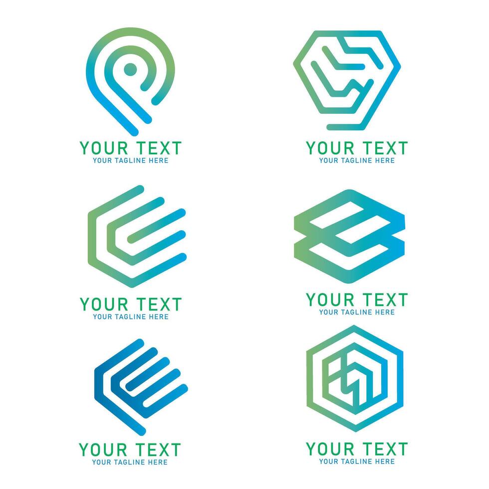 Abstract Geometric Logo Art Set, Gradient Blue and Green Shape Design, Six Variations Isolated on White vector