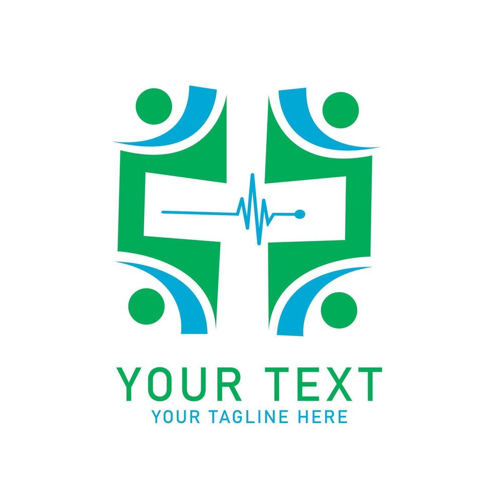 Medical People Heartbeat Logo Art, Green Human, Blue Plus and Pulse Design, Isolated on White vector