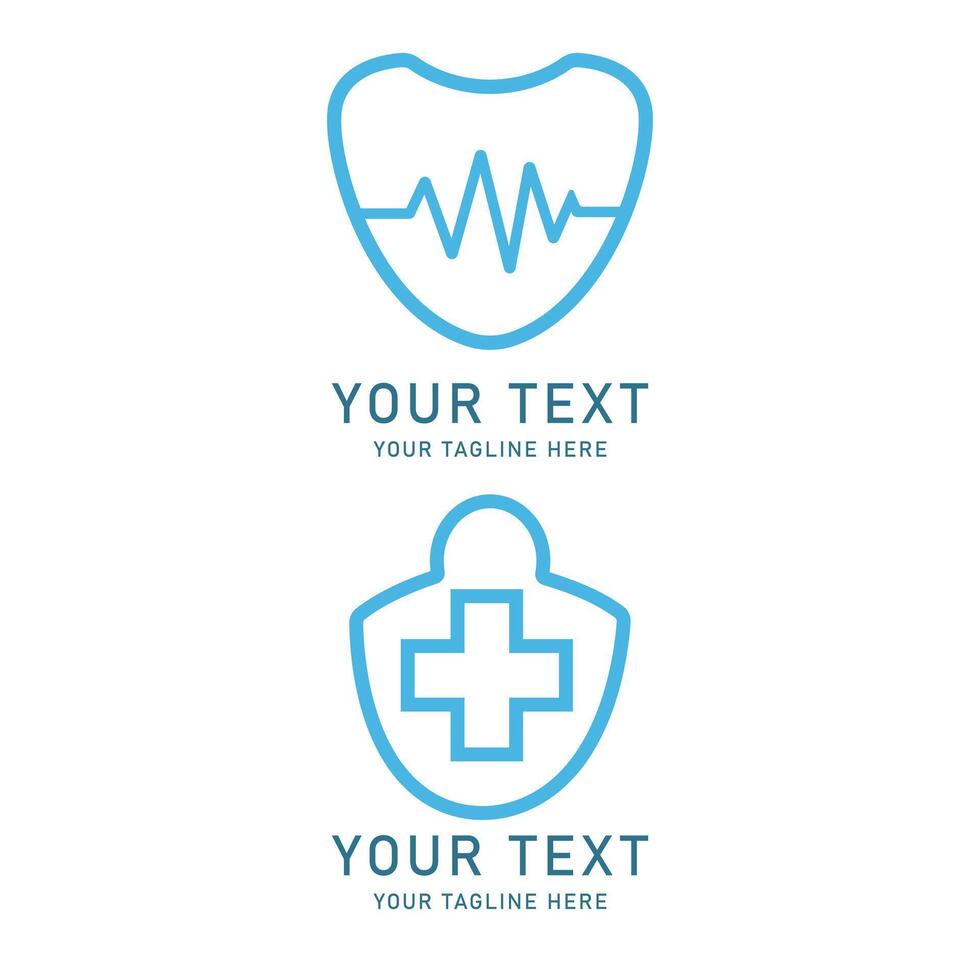 Medical Heartbeat Shield Logo Art, Blue Heart Pulse and Shield Plus Design, Two Variations Isolated on White vector