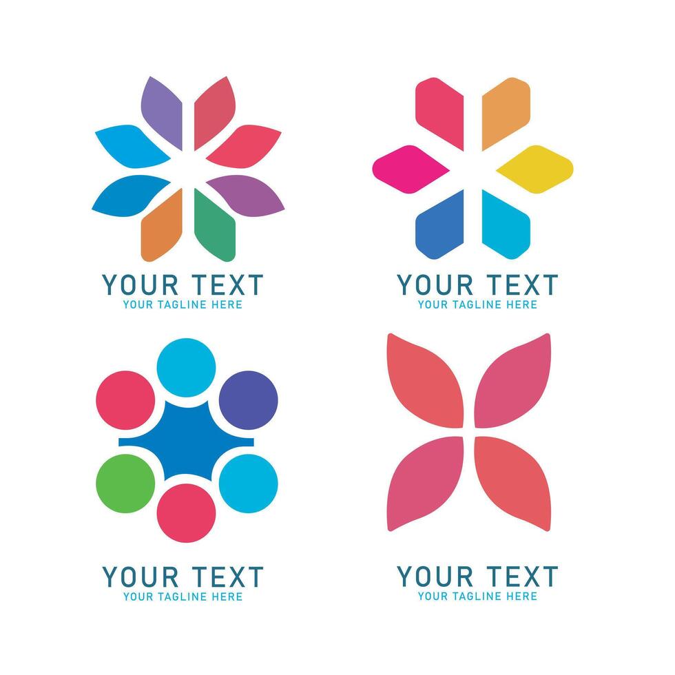 Abstract Flower Logo Art Set, Colorful Petal Design, Four Variations Isolated on White vector