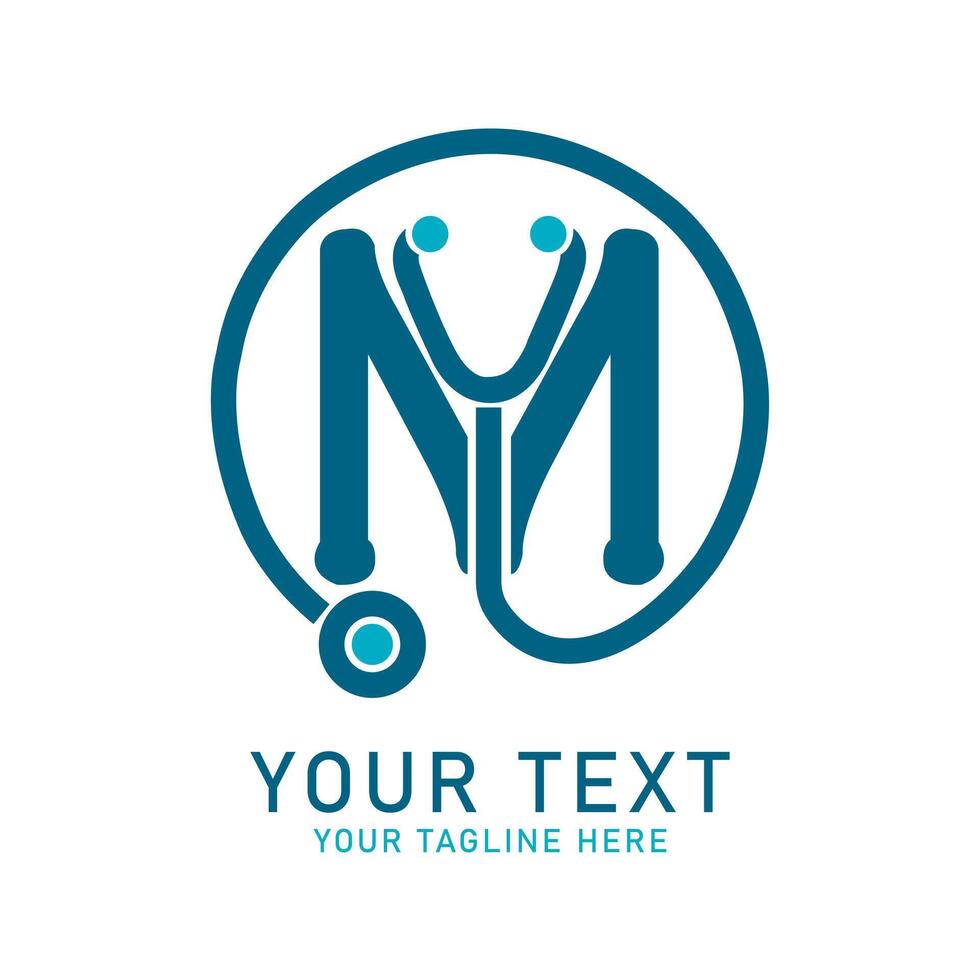 Letter M Stethoscope Logo Art, Blue M with Stethoscope Design, Isolated on White vector