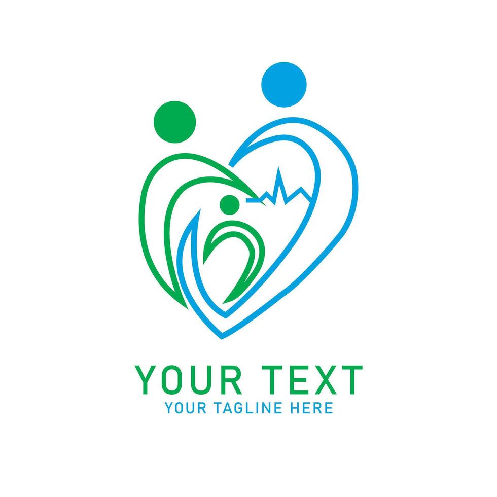 Medical Heartbeat Family Logo Art, Green and Blue Heart Pulse People Design, Isolated on White vector
