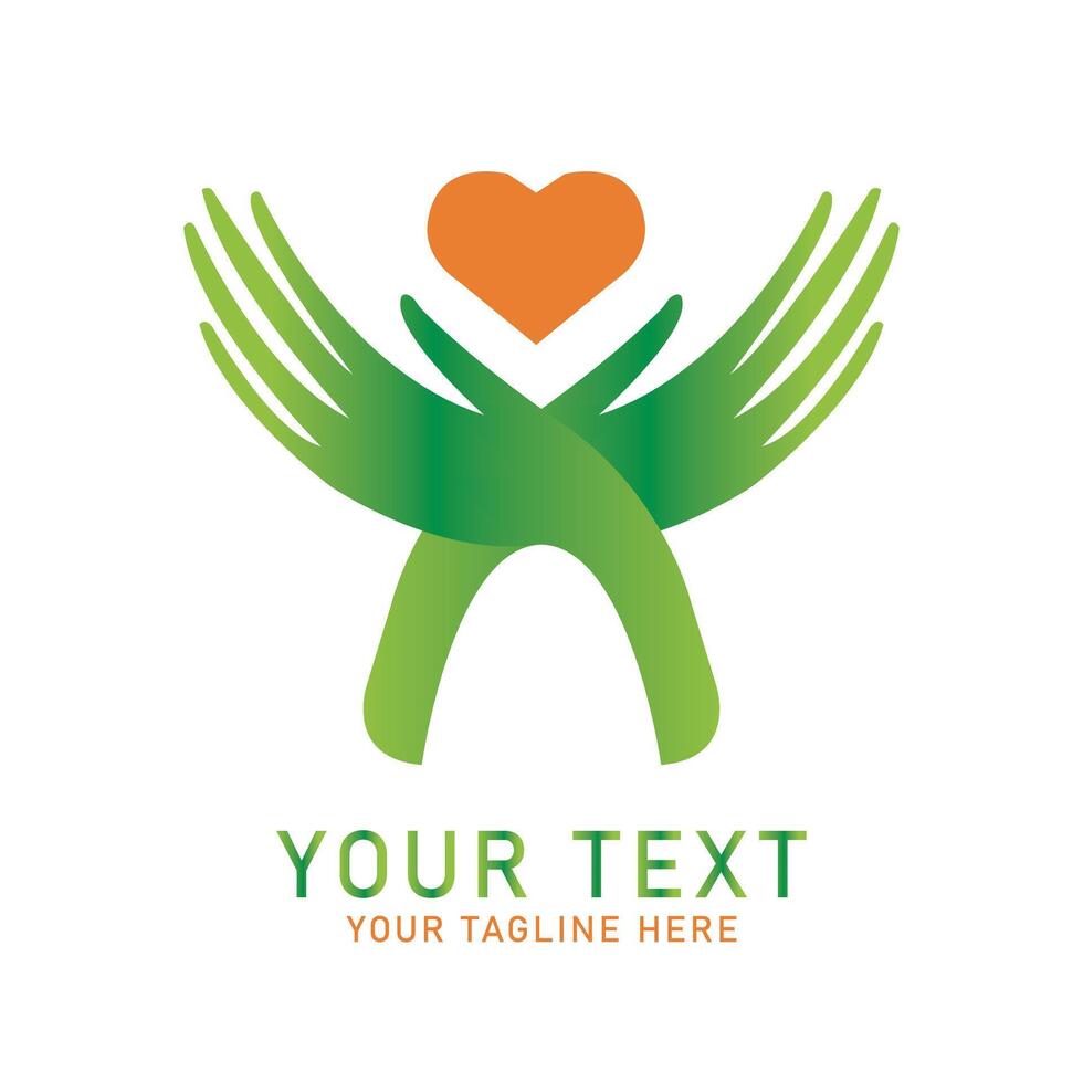 Hand Heart Love Logo Art, Green Hand with Orange Heart Design, Isolated on White vector
