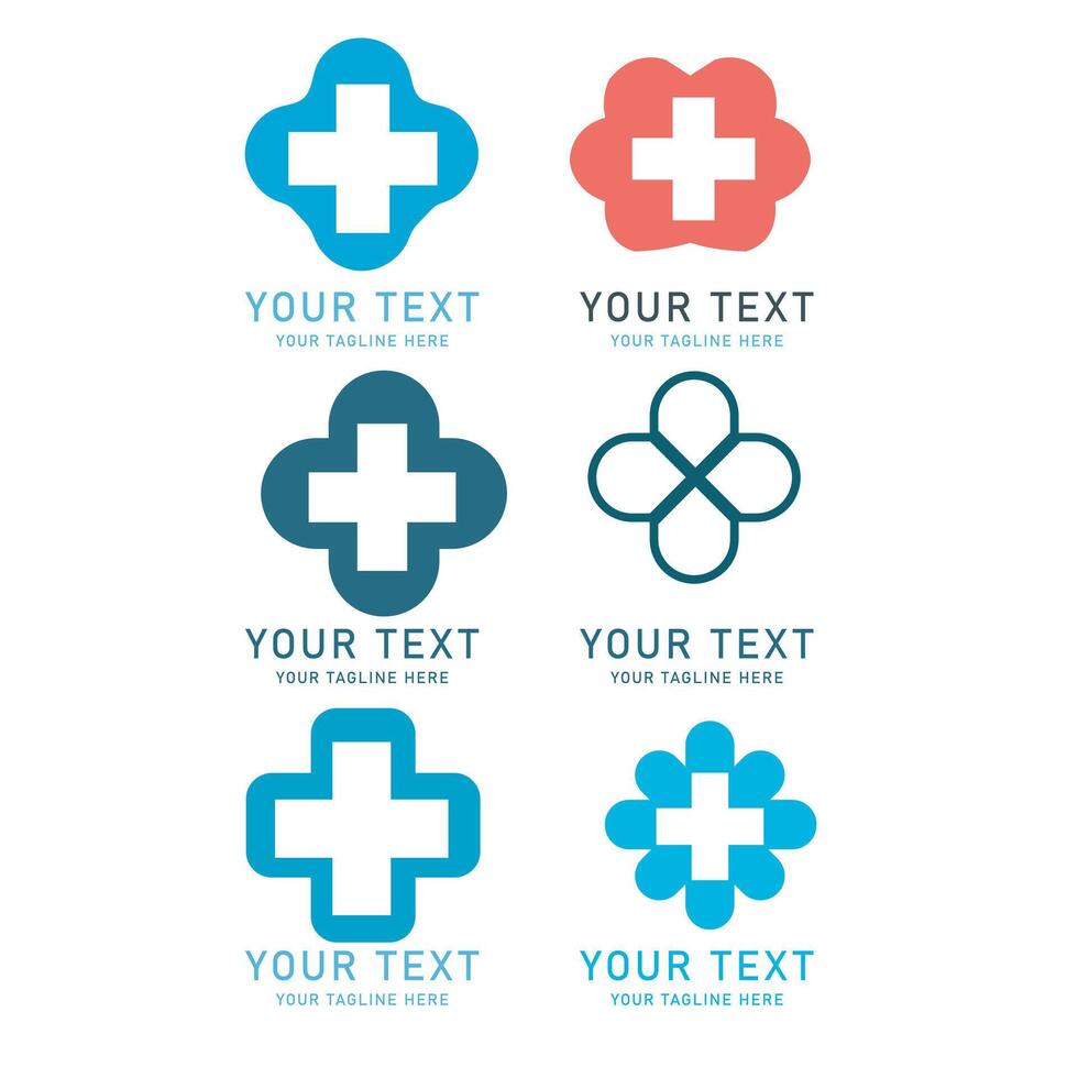 Medical Plus Logo Art Set, Blue and Red Cross Design, Six Variations Isolated on White vector