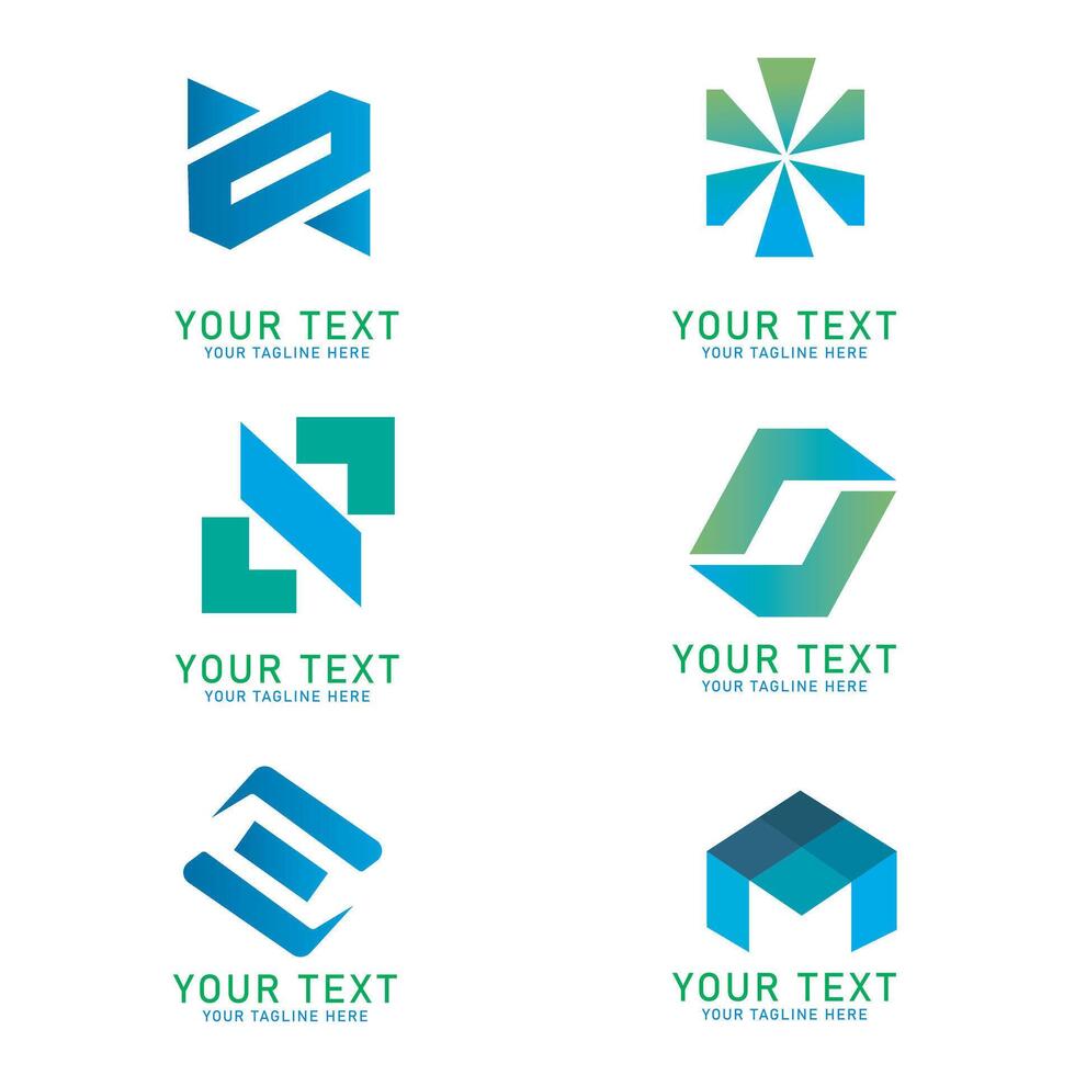 Abstract Geometric Logo Art Set, Blue and Green Shape Design, Six Variations Isolated on White vector