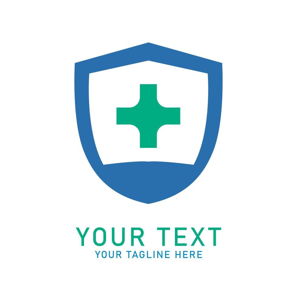 Medical Shield Logo Art, Blue Shield with Green Plus Design, Isolated on White vector