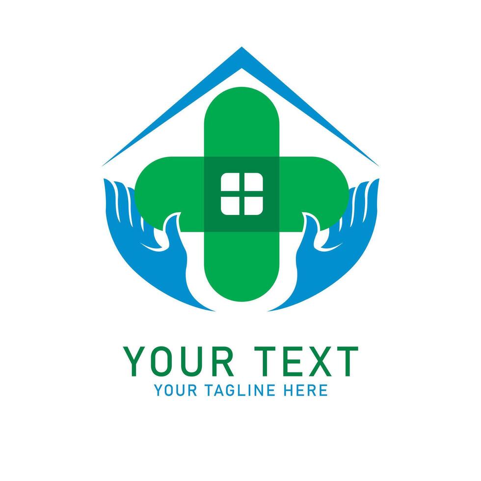 Medical Home Care Logo Art, Green Cross House with Blue Hand Design, Isolated on White vector