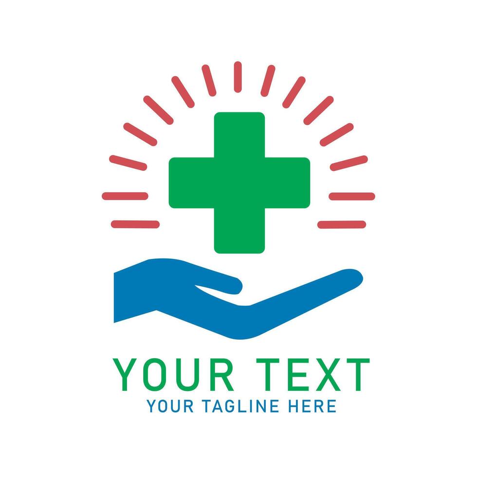 Medical Hand Cross Icon Art, Green Plus, Blue Hand, and Red Rays Design, Isolated on White vector