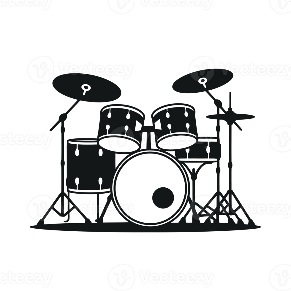 A black illustration depicts a drum kit with two cymbals, three toms, a snare, and a bass drum cutouts png