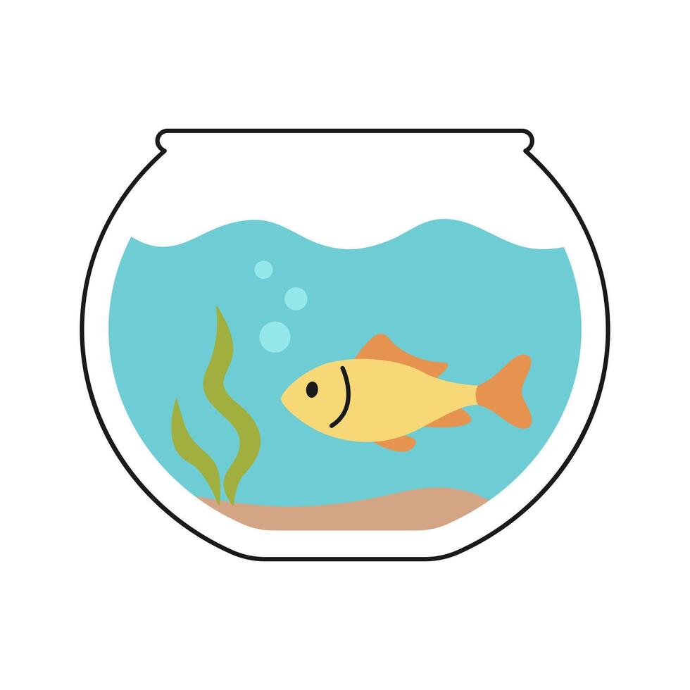 Cute yellow fish swims in round glass aquarium with seaweeds. Fishbowl isolated on white background. Adorable pet. Domestic animal in simple style. Flat illustration for pet shop vector