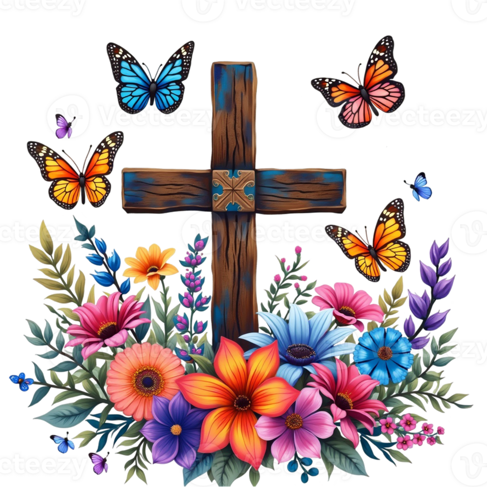 A wooden cross is surrounded by an array of vibrant flowers, with colorful butterflies fluttering around i cutouts png