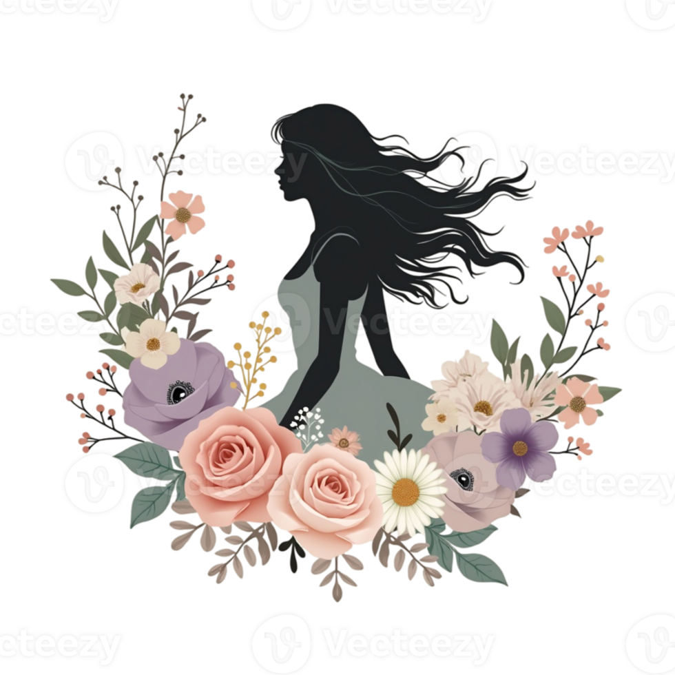 A silhouette of a woman with flowing hair is surrounded by a vibrant arrangement of flowers in soft pinks, purples, and whites cutouts png