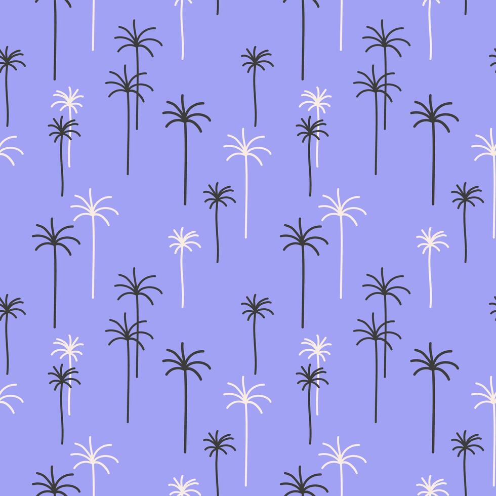 Seamless repeating pattern with Palm trees on lilac background, summer marine motive. Hand drawn tropical background for design, textile, web, wrapping paper, card, packaging. Travel, nature, leisure vector