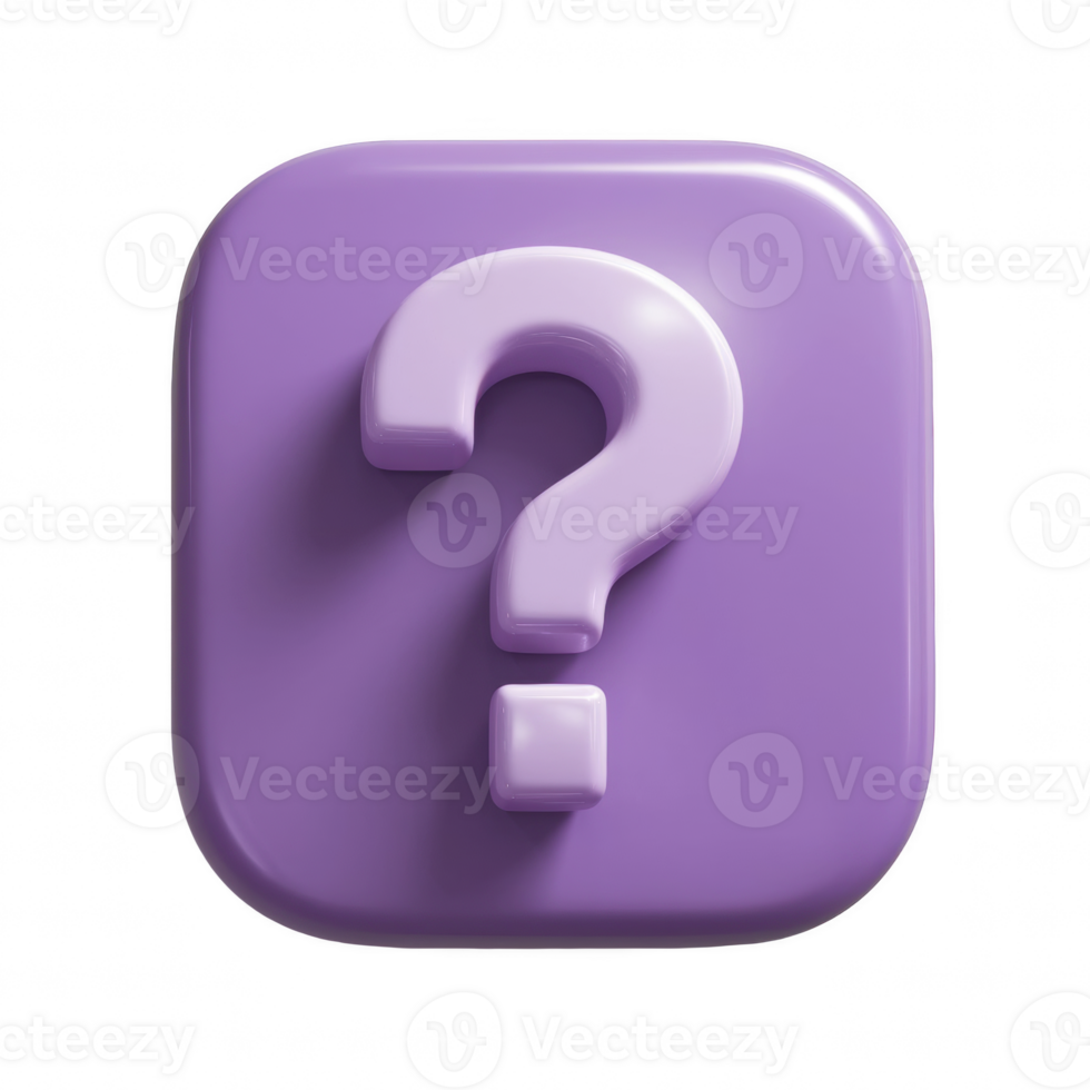 3D illustration of a glossy purple question mark icon centered on a rounded square. isolated on transparent background png