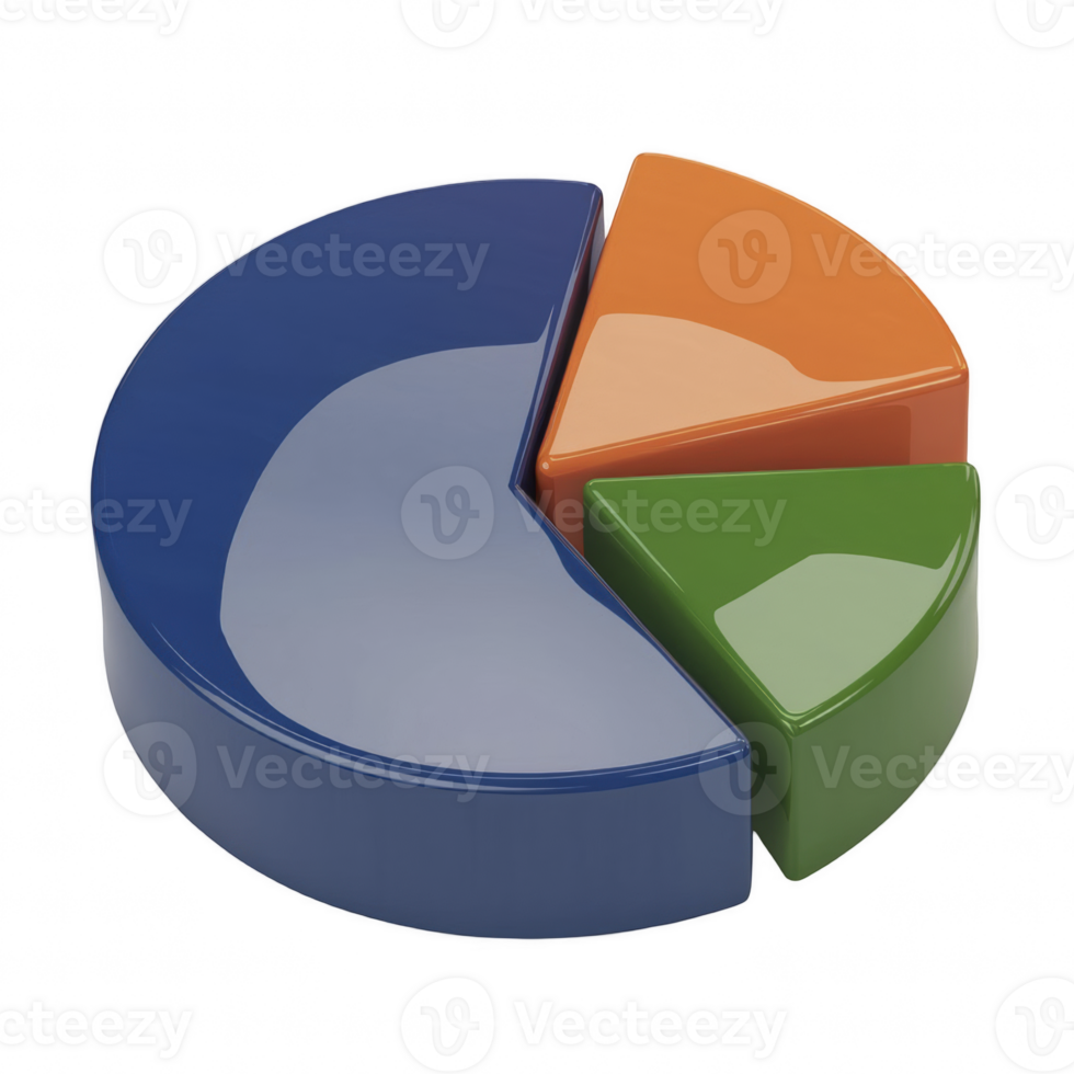 3D glossy pie chart with three colorful segments representing data visualization, analytics, and business statistics isolated on a transparent background. png
