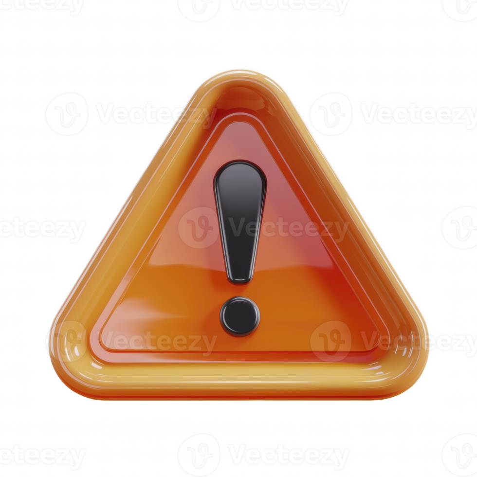 3D glossy orange triangular warning sign with a black exclamation mark in the center, caution, danger, alert, and risk 3d icon isolated on transparent background png