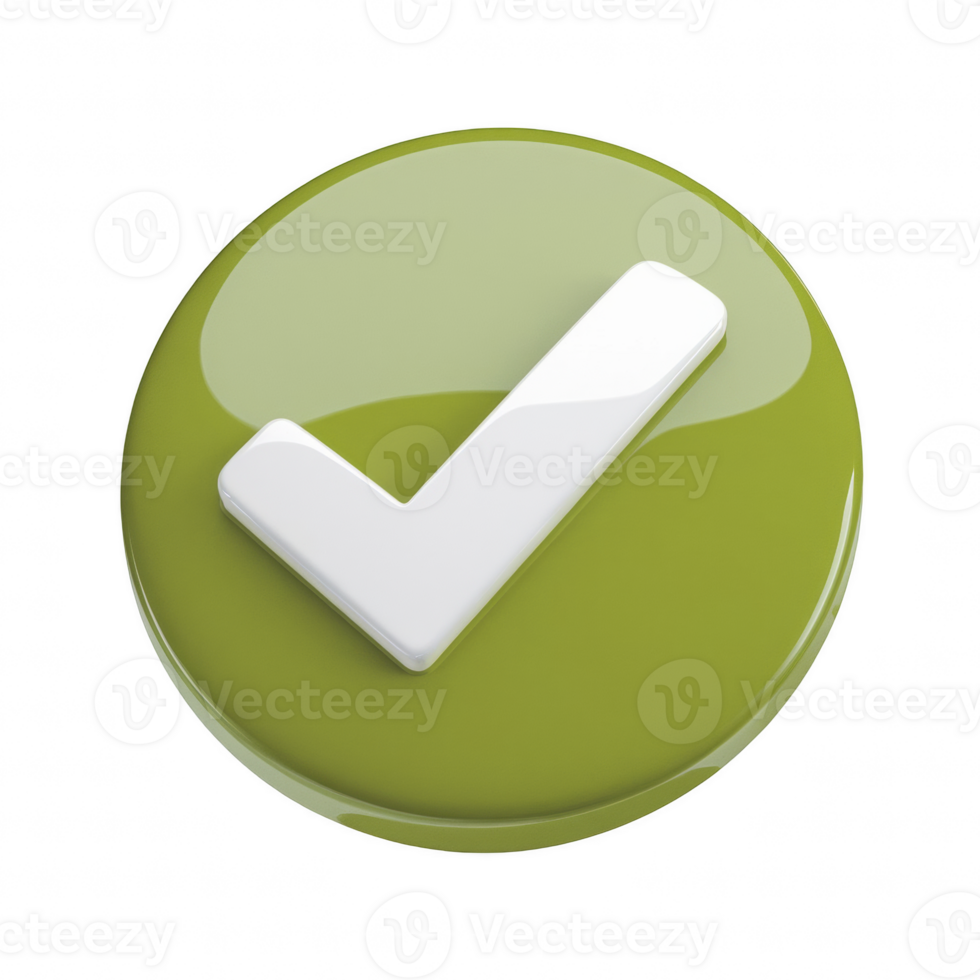 3D green checkmark button icon with a glossy reflective surface and a bold white tick symbol, isolated on transparent background png