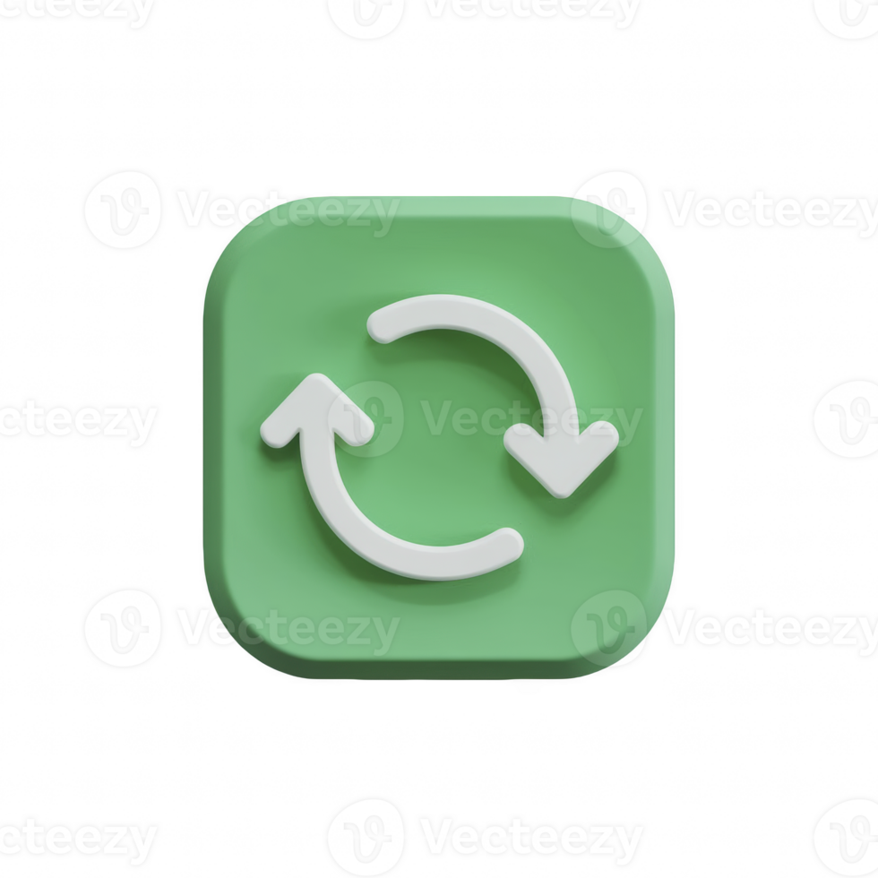Glossy green 3D refresh icon with two circular arrows forming a loop, isolated on transparent background png