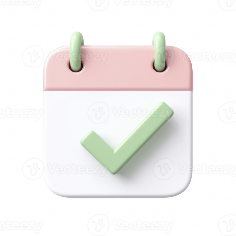 3D illustration of a calendar icon with a green checkmark task completion, and planning icon, isolated on transparent background png