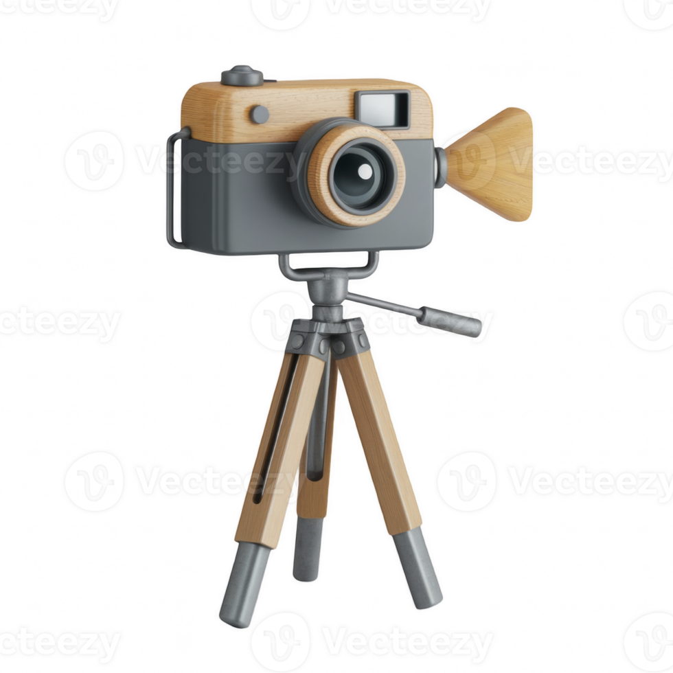 Vintage wooden and metal retro film camera on a tripod with a minimalist modern design, isolated on a transparent background. png
