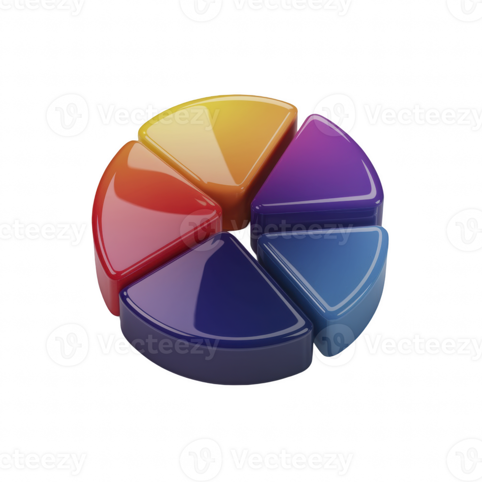 3D colorful pie chart with glossy, vibrant segments in red, orange, yellow, purple, and blue, symbolizing data visualization, analytics, and statistics. isolated on a transparent background. png