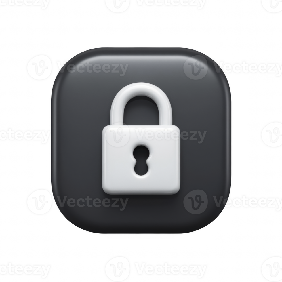 3D glossy black security lock icon with a white padlock in the center, privacy, protection, cybersecurity, and restricted access 3d icon isolated on transparent background png