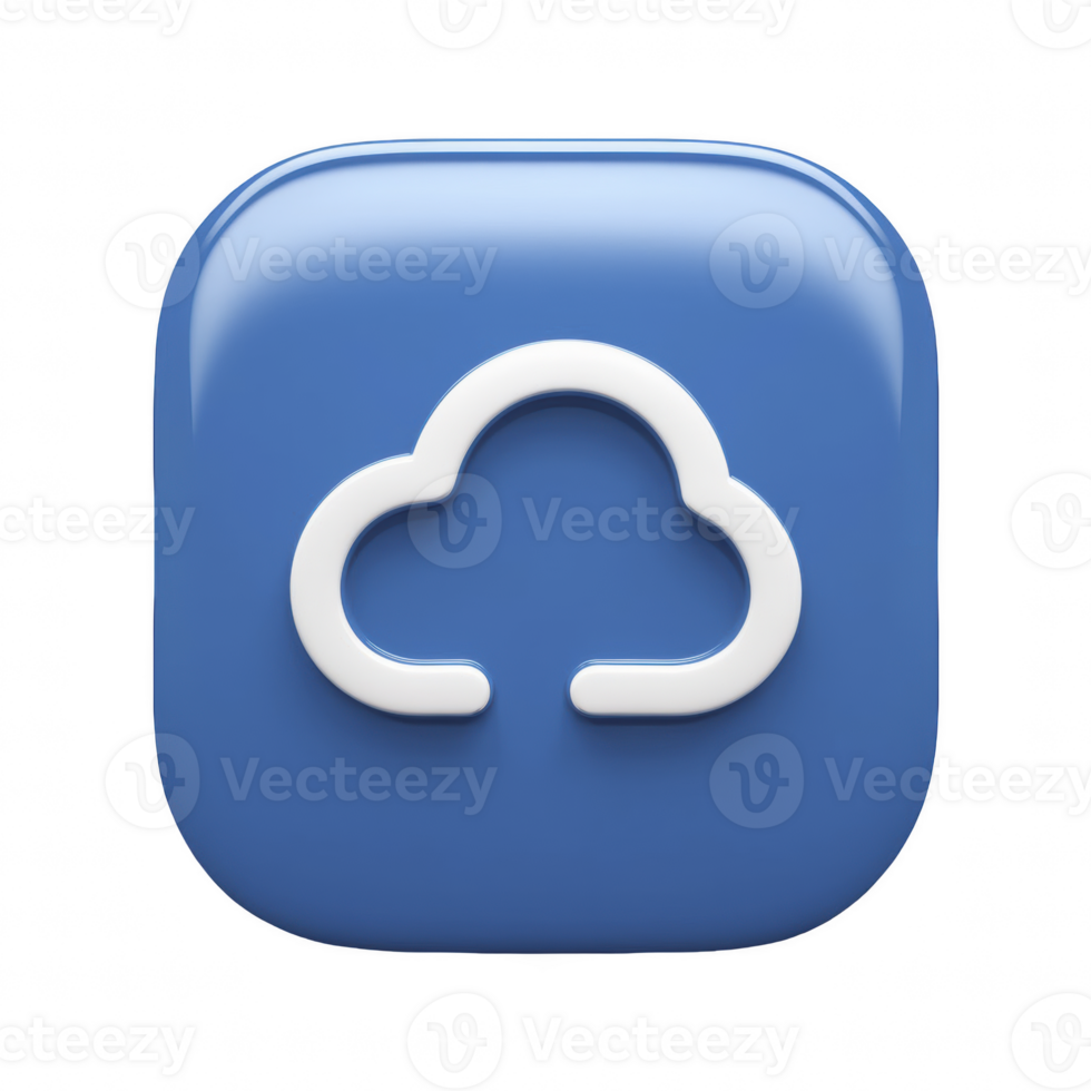 3D blue cloud icon with a glossy reflective surface and a white cloud outline, cloud computing icon isolated on transparent background png