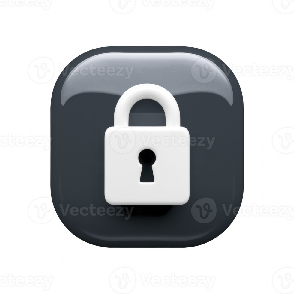 3D glossy black security icon with a white padlock symbol, data protection, cybersecurity, privacy, and restricted access icon isolated on transparent background png