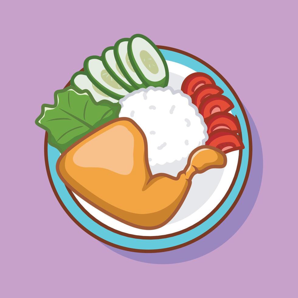Ayam Penyet is a traditional Indonesian fried chicken with fresh vegetable and chili sauce. Food illustration cartoon. vector