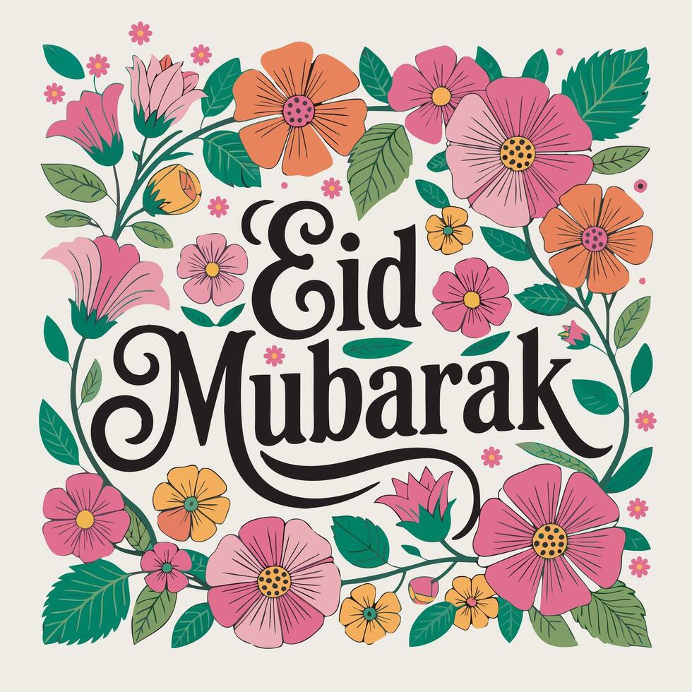 Eid mubarak greeting card with floral design on solid background vector