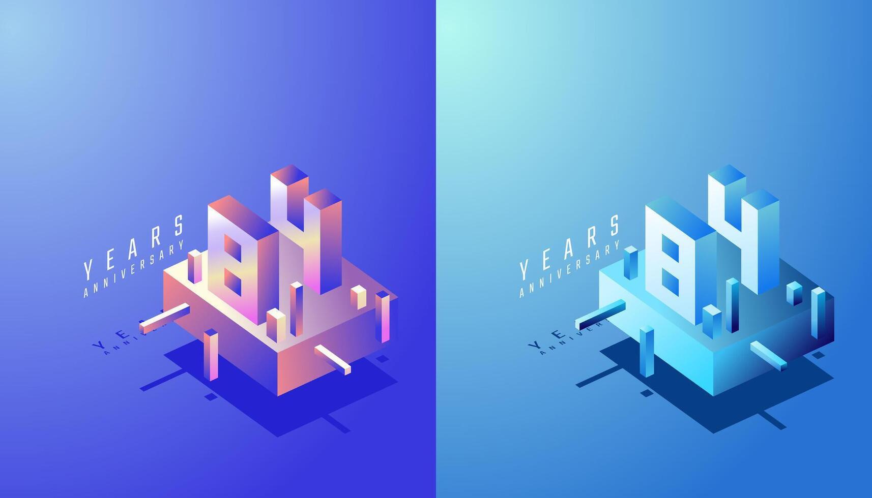 3D Isometric Anniversary Design 84th, 84th Years Anniversary in Colourful Gradient. Tech, Futuristic and Modern concept. vector