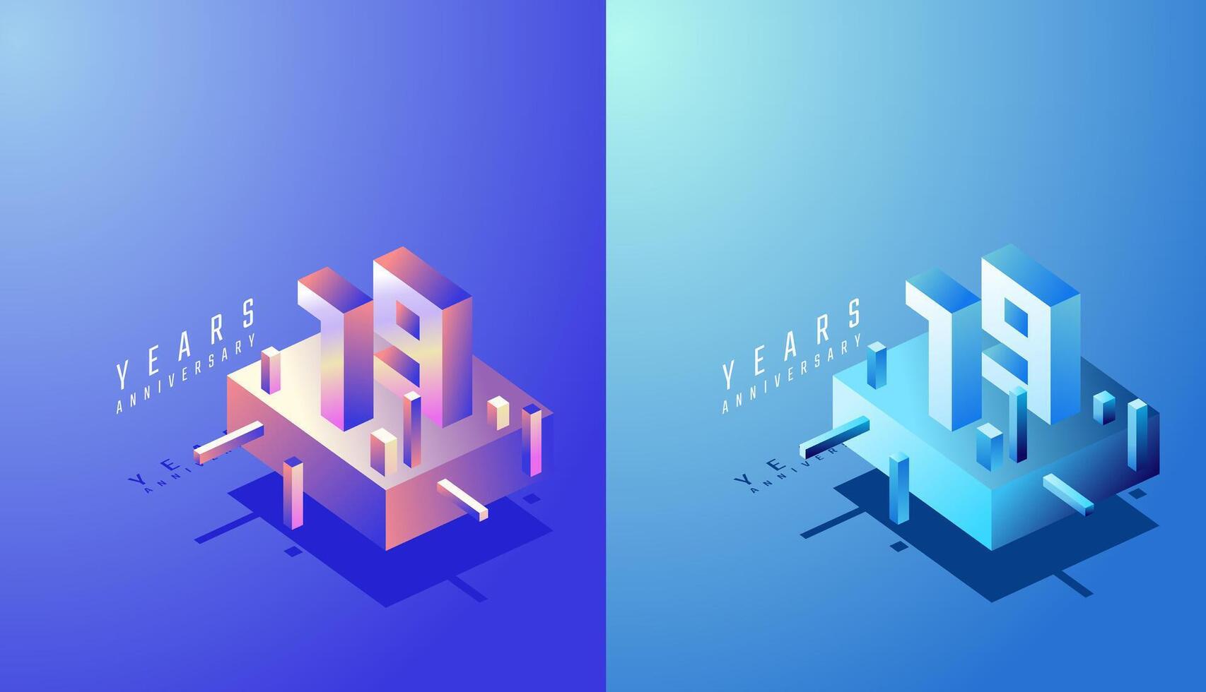 3D Isometric Anniversary Design 19th, 19th Years Anniversary in Colourful Gradient. Tech, Futuristic and Modern concept. vector