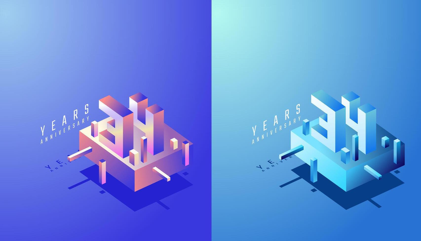 3D Isometric Anniversary Design 34th, 34th Years Anniversary in Colourful Gradient. Tech, Futuristic and Modern concept. vector