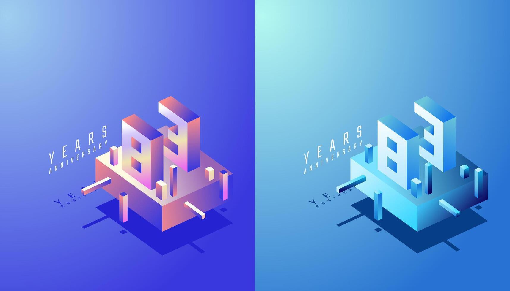 3D Isometric Anniversary Design 83th, 83th Years Anniversary in Colourful Gradient. Tech, Futuristic and Modern concept. vector