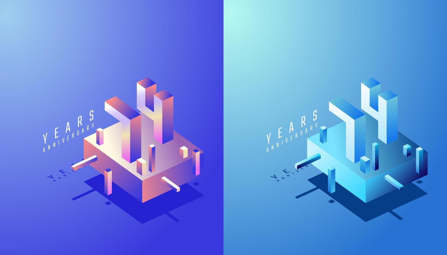 3D Isometric Anniversary Design 74th, 74th Years Anniversary in Colourful Gradient. Tech, Futuristic and Modern concept. vector