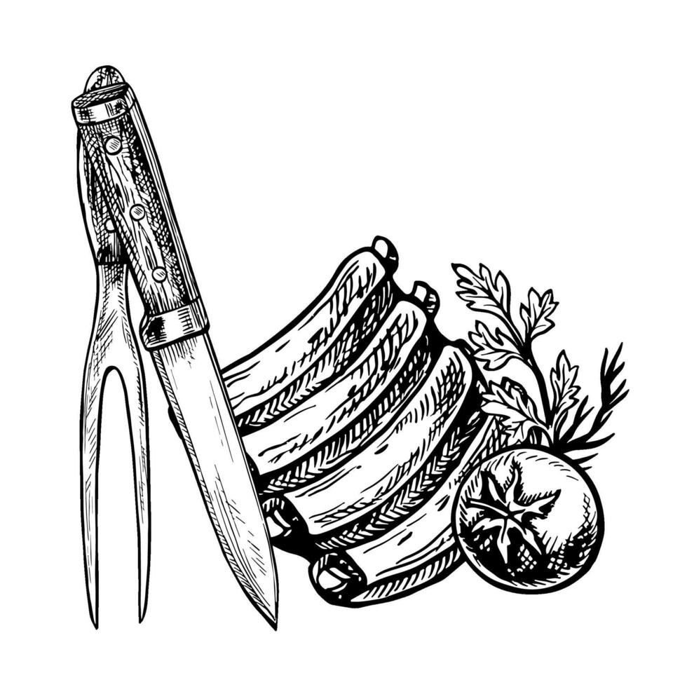 Ribs with vegetables, kitchen knife and fork. graphics depicting a barbecue. Hand-drawn black and white illustration. On a white background. For a menu, poster, or label, recipes, invitations. vector