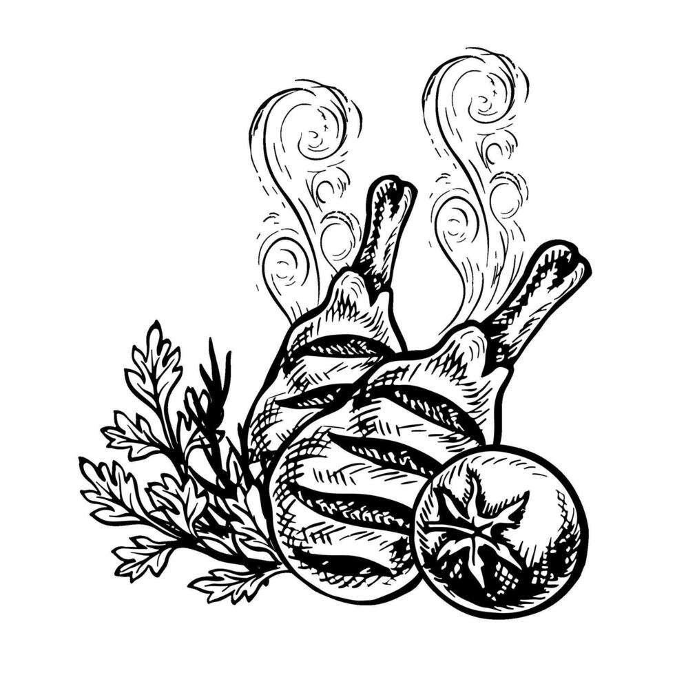Hot grilled chicken leg with vegetables. graphics depicting a grilled chicken leg with tomatoes and herbs. A black-and-white hand-drawn illustration. For the cooking recipe in the menu. vector