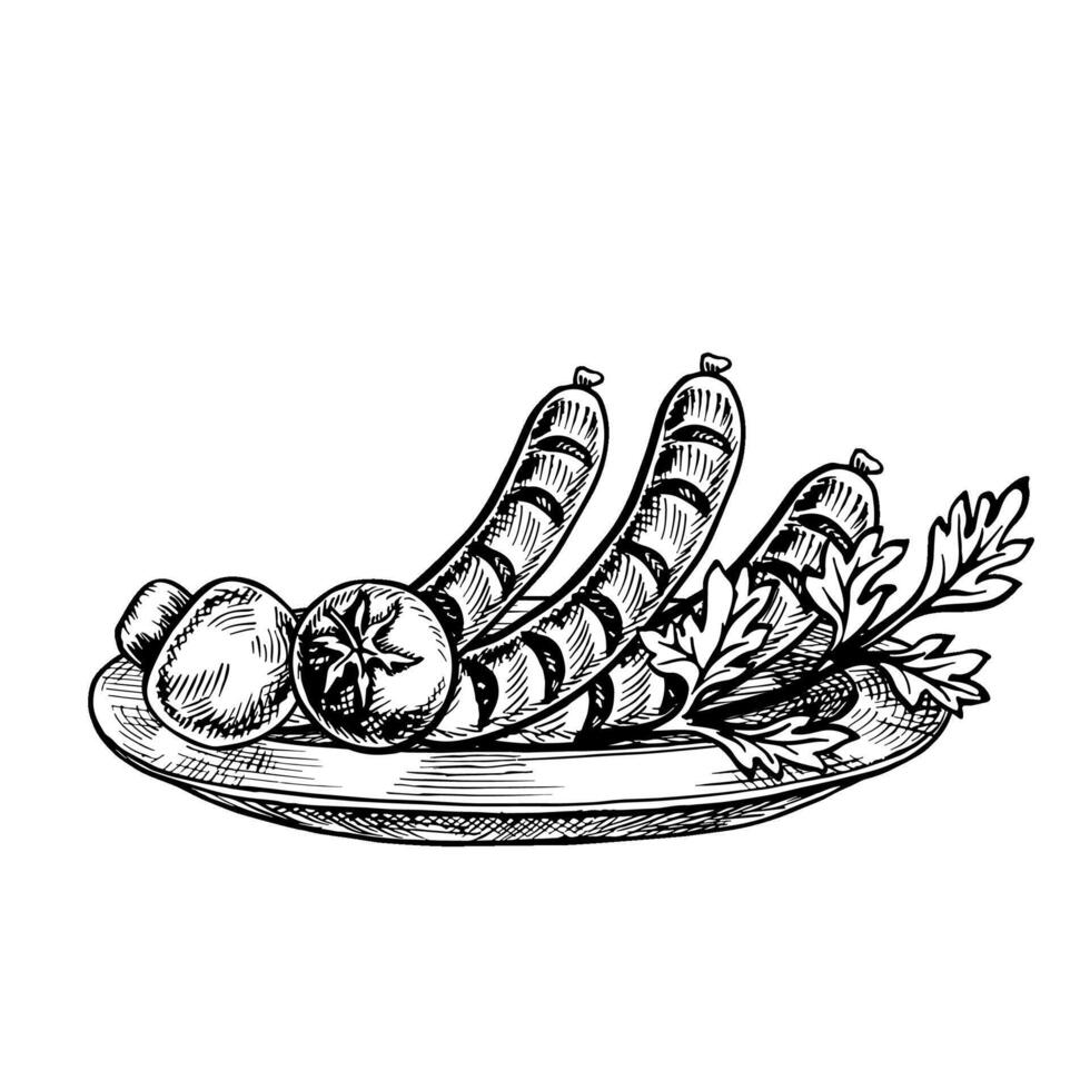 Grilled sausages with vegetables. graphics depicting a barbecue. A black-and-white hand-drawn illustration. On a white background. For a menu, poster, or flair. For cooking recipes, invitations vector