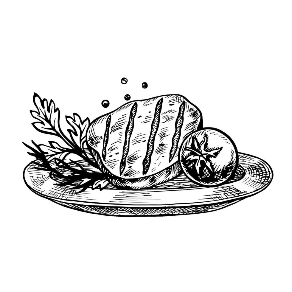 Roast meat with vegetables on plates. graphics depicting a barbecue. A black-and-white hand-drawn illustration. On a white background. For a menu, poster. For cooking recipes, invitations. vector