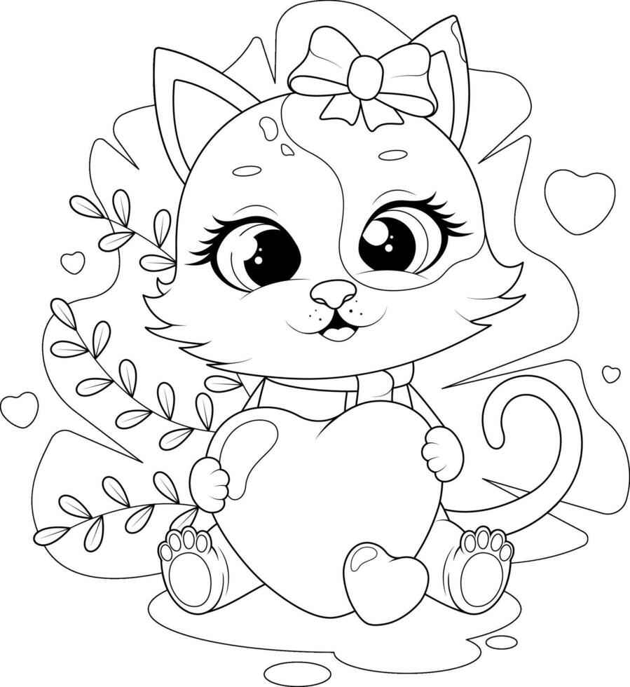 Cute cat holding a heart. Black and white coloring page vector