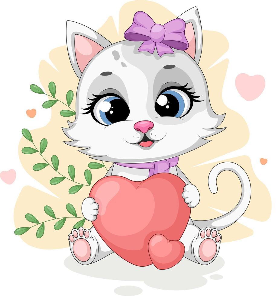 Happy cat holding a heart in its paws vector