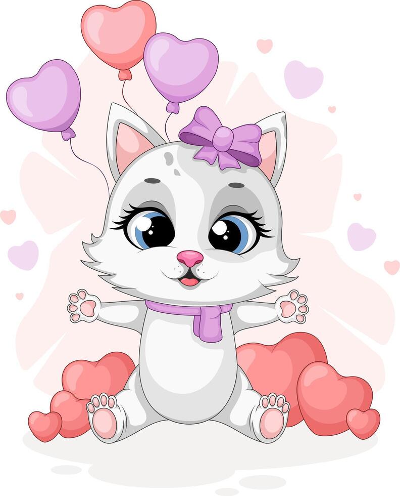 Happy cat with heart-shaped balloons on a romantic background vector