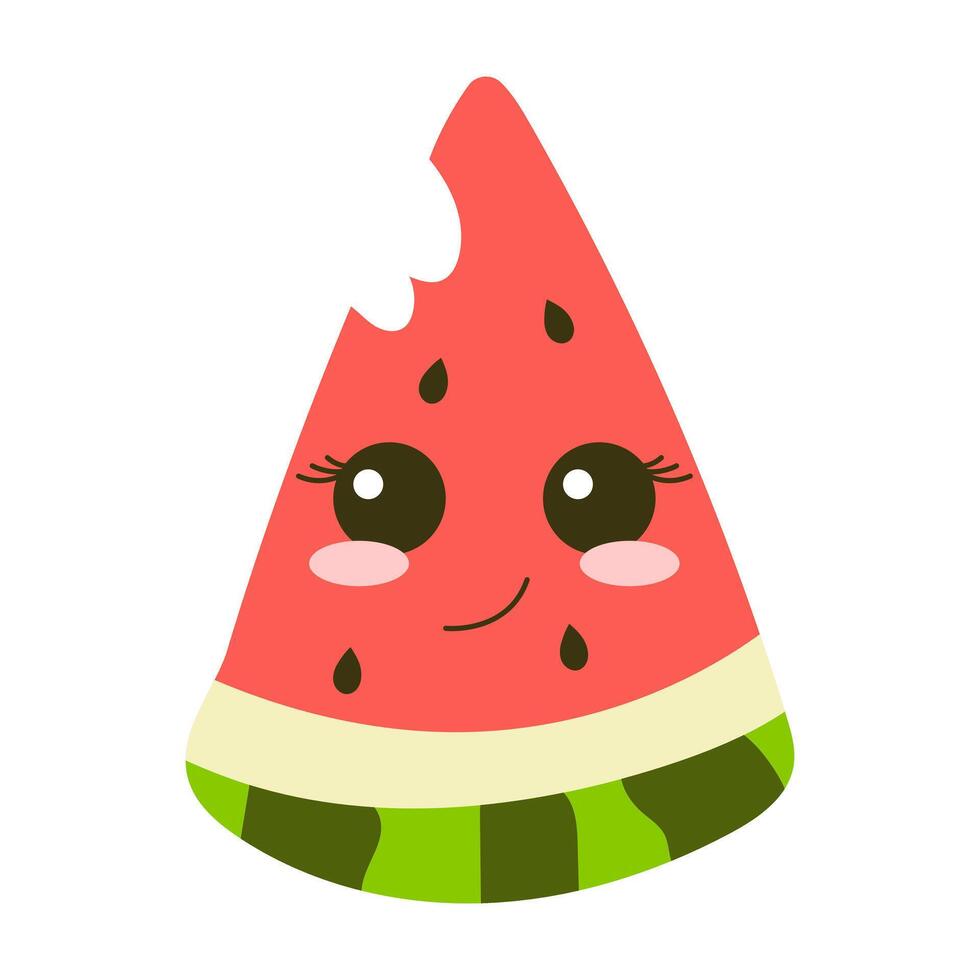 Cute bitten watermelon slice with kawaii face, cartoon character. illustration. vector