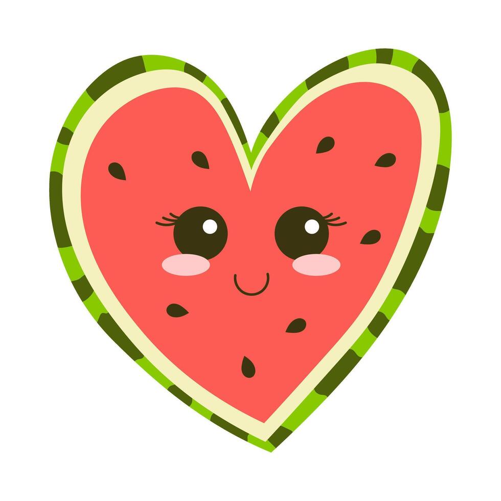 Cute watermelon with kawaii face in heart shape, summer cartoon fruit character. illustration. vector