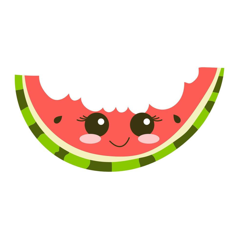 Cute bitten watermelon slice with kawaii face, cartoon fruit. illustration. vector